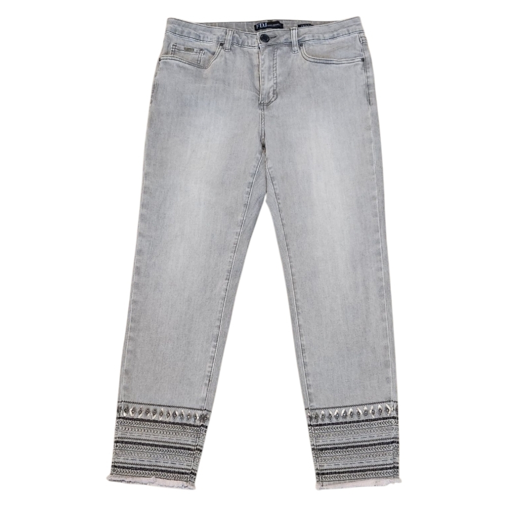 FDJ French Dressing Jeans Women's Olivia Light Gray Fray Hem Sequin Jeans Sz 12